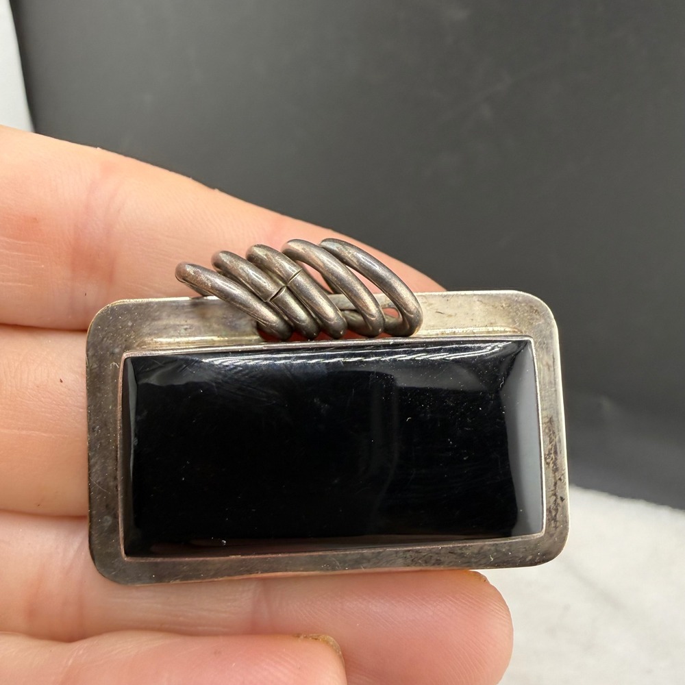Vintage Mexican Silver Pendant Black Stone Rectangular Multi Ring Bail READ
